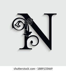 letter N flower  ornament. Vector logo. Monogram alphabet. Beautiful floral capital letters
