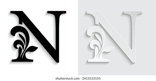 letter N flower  ornament. Vector logo. Monogram alphabet. Beautiful floral capital letters