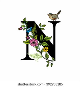 Letter N with flowers and bird, black on white background, vector