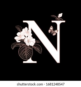 Letter N, flowers flowering sakura branches and butterfly isolated. Vector decoration. Black, white and gold. Vintage illustration. Floral pattern for greetings, wedding invitations, text design.