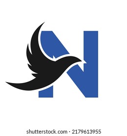 Letter N Flying Bird Logo Template Vector Sign. Dove Bird Logo on Letter N Concept