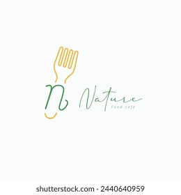 Letter n with fork elegant linear logo. Good to use for cafeteria, restaurant, food company