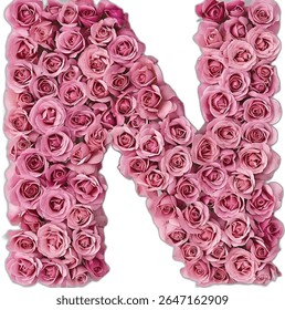 The letter N is formed from a dense cluster of light pink roses, creating a visually appealing and romantic floral letter.