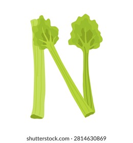 Letter N formed from stylized green celery stalks with leafy tops, clean flat illustration showing crisp layered shapes, subtle shading, balanced centered composition on white