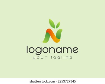 Letter N with fresh leaf gradient logo design vector