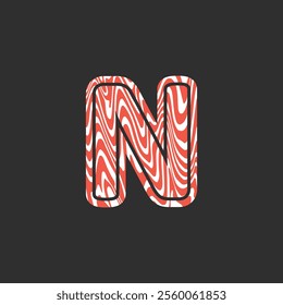 Letter N from fresh raw meat fish. Vector latin meat alphabet. Red meat salmon font for restaurants, butcher shop, farmers market, Salmon fillet marble texture, fish pattern. 