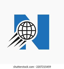 Letter N Global Logo Concept With Moving World Icon. Global Logotype Symbol Vector Template