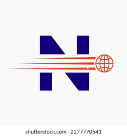 Letter N Global Logo Concept With Moving World Icon. Global Logotype Symbol Vector Template