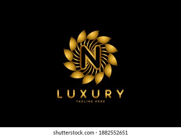 Letter N Golden Flower, Luxury logo template, circle ornament.