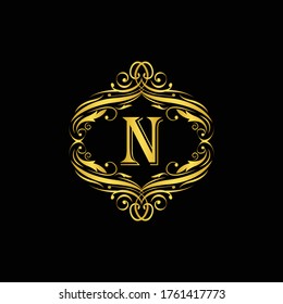 letter N golden  flower  ornament. Vector logo. Monogram alphabet gold . Beautiful floral capital letters
