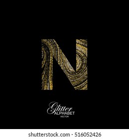 Letter N of golden and silver glitters. Typographic vector element for design. Part of marble texture imitation alphabet. Letter N with diffusion glitter lines swirly pattern. Vector illustration