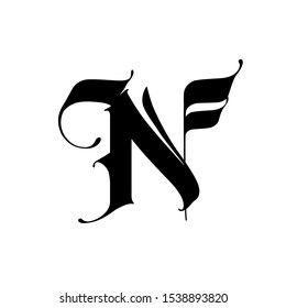 Letter N, in the Gothic style. Vector. Alphabet. The symbol is isolated on a white background. Calligraphy and lettering. Medieval Latin letter. Logo for the company. Monogram. Elegant font for tattoo