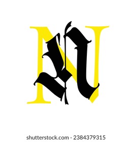 Letter N, in the Gothic style. Vector. Alphabet. The symbol is isolated on a white background. Calligraphy and lettering. Medieval Latin letter. Logo for the company. Monogram. Elegant font for tattoo