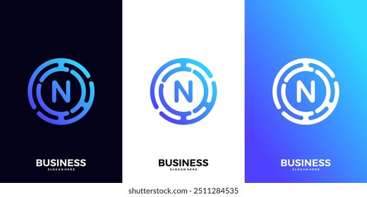 Letter N gradient tech logo design template. Abstract global symbol with circle connection logo.