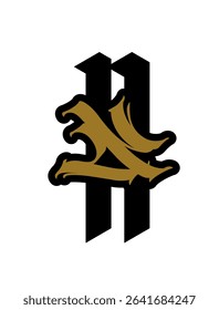 Letter N in graffiti and gothic style. Vector. Graffiti, tag and medieval latin letter. Signs and symbols for design. Calligraphy, lettering and tags. Modern interpretation of gothic.