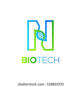 Letter N Green and Blue with abstract biotechnology dna logotype. Medicine, science, laboratory,Technology DNA vector concept