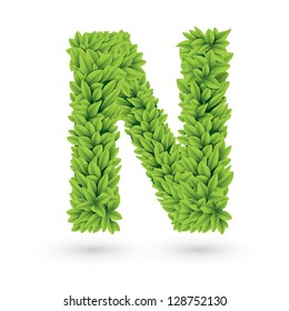 Letter N of green leaves with shadow. Vector illustration