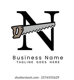 Letter N handsaw logo. Alphabet N woodwork and carpentry icon