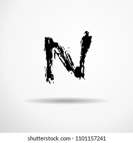 Letter N. Handwritten by dry brush. Rough strokes textured font. Vector illustration. Grunge style alphabet.
