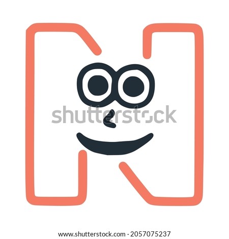 Letter n happy eccentric smiling character, smiley face vector clip art