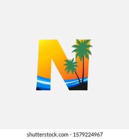 Letter N- Hawaii Palm Beach Logo icon.  Nature logo design concept palm tree and  sea wave  for initial letter N, surfing shop, sport, Tour and Travel.