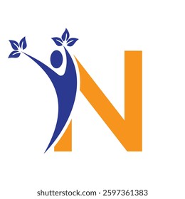 Letter N Healthcare Logo Concept With Human And Leaf Symbol For Bio Sign