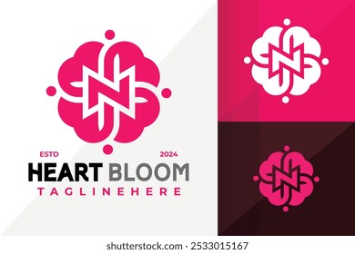 Letra N Heart Bloom Icono de logotipo de diseño de Vector. Ilustración creativa de diseños de logotipos simples