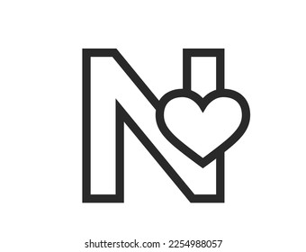 letter n with heart in line style. initial letter for valentine's day design. romantic and love vector image