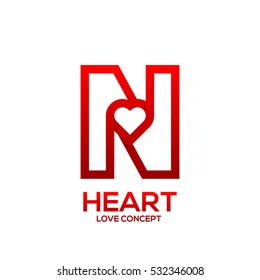 Letter N heart Red color logo,Valentine Day Love Concept Logotype