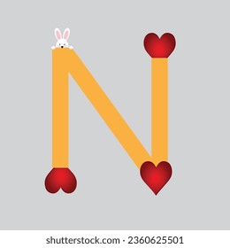 Letter N with hearts and rabbit, educational worksheet
