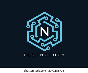 Letter N with Hexagon Technology Logo. Vector logo template