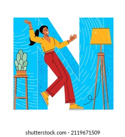 Letter N. Home party. English alphabet with people characters. Flat design retro letters and numbers.