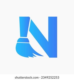 Letter N House Cleaning Logo Concept With Clean Brush Icon. Maid Service Symbol