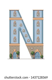 Letter N house isolated on white background. Vertical portrait A4 page. Printable.