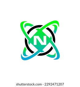 letter N initial circle technology logo design vector template
