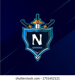 Letter N - Initial logo E-Sport with decoration of sword, shield, and weapon. Perfect for gamer brand, squad, etc.