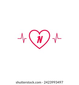 Letra N logotipo inicial en un icono cardíaco con onda de pulso