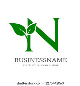 Letter N Initial natural vector logo template. Design with leaf and green color.