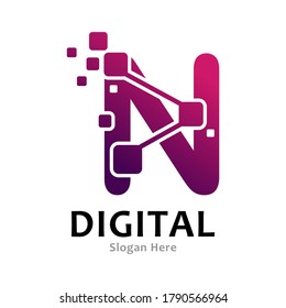 Letra N vector de plantilla de logotipo digital de píxel inicial. Adecuado para negocios, tecnología y arte