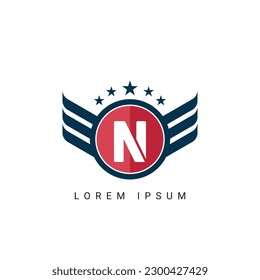Letter N initial shield with wings logo design