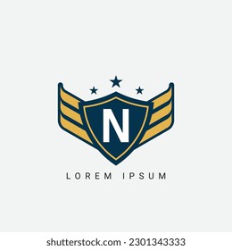 Letter N initial shield with wings logo design