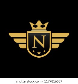 Letter N initial wing with shield and crown, Luxury logo design vector 