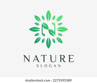 Letter N Initials Green Leaf Nature Foliage Organic Fresh Natural Decoration Vector Logo Design