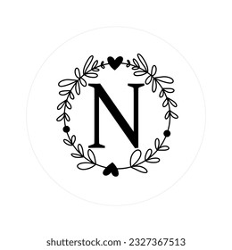 Buchstabe "N" Initialen mit runden floralen Rahmen, Vektor Monogramm-Logo, Cricut-Datei