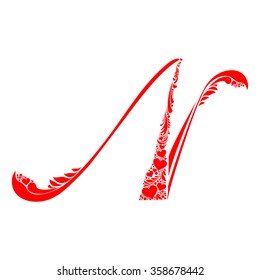 Letter N isolated on white. Romantic letter of beautiful heart. Love Alphabet Set. Vector Illustration