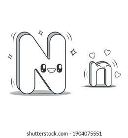 Letter N kawaii style black and white. Character of the alphabet