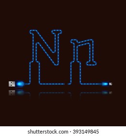Letter N laid neon light cable. USB blue cable, vector illustration.