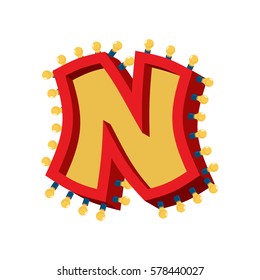 Letter N lamp glowing font. Vintage light bulb alphabet. Retro ABC sparkling lights
