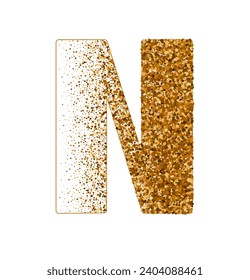 Letter N of Latin alphabet decorated with sand effect stipple texture vector illustration, round confetti dots grunge pattern, speckled chaotic particles, geometric image, golden chaotic dots abc