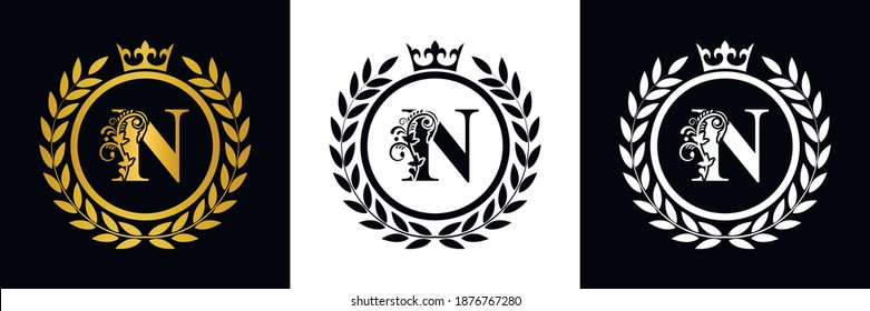 Letter N laurel wreath template logo Luxury gold letter with crown. Monogram alphabet . Beautiful royal initials letter.	